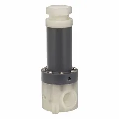 This pressure relief valve is constructed with a polypropylene body and PTFE seals, featuring 3/4 inch FNPT x FNPT connections. It provides adjustable antisiphon relief for corrosive and ultra-pure liquid systems. Typical applications include chemical processing, water treatment, and semiconductor manufacturing where resistance to aggressive fluids is required.