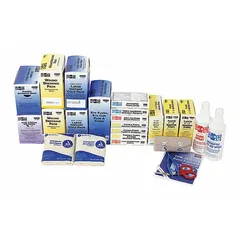 This bulk refill contains 446 components for restocking industrial first aid kits serving up to 75 people. Includes (8) knuckle bandages, triangular bandage tape, eyewash, and (50) non-aspirin pain relievers. OSHA compliant and latex free; not ANSI compliant or water resistant.