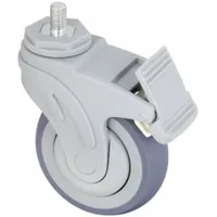 This single-wheel threaded stem caster is designed for medical equipment such as hospital beds, stretchers, and diagnostic carts. It features a 4-inch diameter rubber wheel with a 1.25-inch width, ball bearing, and a swivel with total lock for secure parking. The gray caster has an M12x1.75 threaded stem