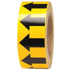 Yellow vinyl banding tape with black directional flow arrows for pipe identification. Non-reflective, 2 in width, 90 ft roll length. Used to mark pipe contents and flow direction in industrial piping systems.