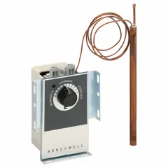 Pneumatic piston valve actuator with remote sensor for HVAC systems. Temperature control range 65° to 85°F. Two-pipe high volume air flow output with direct and reverse action. Vertical mounting with 36-inch capillary length; cover not included.