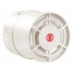 Tone alarm for indoor/outdoor use, 100 mm diameter, white housing. Operates on 9 to 28V DC with 0.12 W power consumption. Suitable for audible signaling in industrial environments such as factories, warehouses, and process plants.