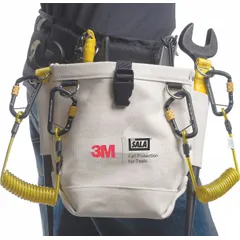 Canvas pouch for transporting spud wrenches and sleever bars. Features a clip closure and carabiner tethering connection. White color, 5-inch height. Suitable for tool organization and fall protection in industrial settings.
