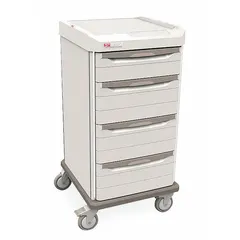 This bedside and nurse server cart from METRO features a taupe polymer cabinet with white drawers, four swivel casters, four drawers, and one shelf. Designed for organizing and transporting supplies in healthcare settings, the polymer construction resists corrosion and facilitates cleaning.