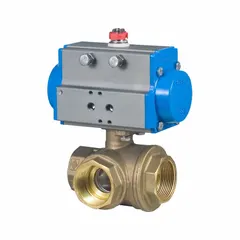 This BONOMI pneumatically-actuated ball valve features a two-piece brass body with L-port configuration and FNPT x FNPT x FNPT connections. It is operated by a pneumatic actuator with a 110V AC pilot solenoid. Suitable for diverting or mixing flow in industrial piping systems handling water, oil, or gas.
