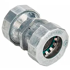 Zinc push-in conduit coupling with polished finish for joining EMT conduit in rain-tight installations. 3/4 in trade size, 2 1/8 in overall length. Non-insulated. Complies with NEMA FB-1. Suitable for indoor or outdoor electrical raceway connections.