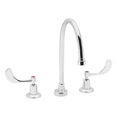 Brass widespread bathroom faucet with chrome finish and gooseneck spout. Flow rate of 0.5 gpm. Suitable for residential or commercial lavatory sinks.