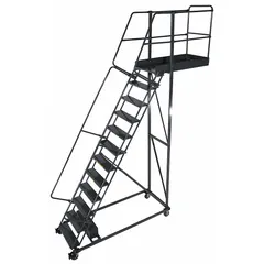 This unsupported cantilever ladder from BALLYMORE provides a 10.8 ft platform height for elevated access tasks. Constructed of steel with a gray finish, it includes double handrails and locking casters for stability. The unit is supplied unassembled and is suitable for industrial applications such as warehouse maintenance and stock picking.