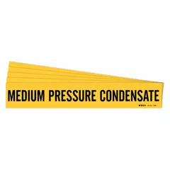 Yellow adhesive pipe marker with black legend reading 'Medium Pressure Condensate'. Fits pipe outer diameters from 2-1/2 to 7-7/8 inches. Sold in a 5-pack without arrows. Used to identify condensate lines in industrial piping systems.