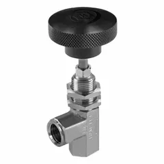This 316 stainless steel angle-body needle valve features an integral bonnet and V-stem for precise flow regulation. It has FNPT x FNPT connections (both sides NPT, female) and a plastic knob handle, designed for liquid media in industrial piping systems. Complies with ISO 2006(E).