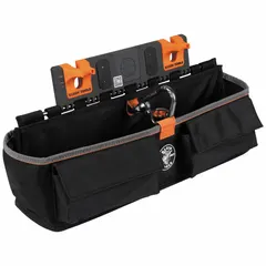 This plastic storage module is designed for use with aerial bucket tool storage systems. It provides organized tool access for workers at height. Dimensions: 6 11/16 in width by 9 13/16 in height. Color: Black/Gray/Orange.