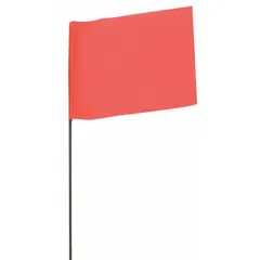 Fluorescent orange blank marking flags with PVC flag material and a 21-inch wire staff. Each pack contains 100 flags with a solid pattern. Used for utility locating, construction site marking, and survey staking.
