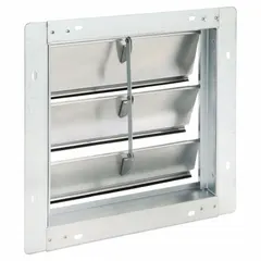 Wall-mount backdraft damper with single-panel flat blade construction. Designed for horizontal airflow and vertical mounting, it prevents reverse airflow in exhaust or intake systems. Measures 15 inches high, 15 inches wide, and 2 1/4 inches deep. Maximum air velocity 2000 fpm.