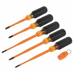 This 6-piece insulated screwdriver set includes cabinet, Phillips, and square tip drivers. Designed for electrical work where protection against shock is needed, these tools are suitable for tasks on live circuits. The set provides a selection of common tip styles for various fastening applications.