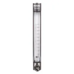 This BROOKS flowmeter is a panel-mount, variable-area instrument for measuring water flow in liters. It features a scale display, vertical mounting orientation, and Viton seals. Accuracy is +/-3%. Includes a flow rate adjustment knob; no pressure gauge.