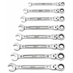 This 7-piece metric 12-point ratcheting combination wrench set includes sizes from 8 mm to 17 mm. Made of chrome vanadium steel, the wrenches feature a ratcheting box end for faster fastening in confined spaces. Suitable for mechanical assembly, automotive repair, and industrial maintenance. Stored in a tray.
