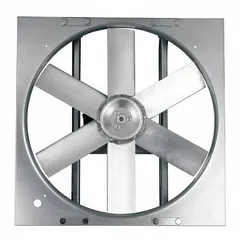 Standard direct-drive panel exhaust fan with a 30-inch stamped steel blade, 3/4 hp motor, and 9,095 cfm airflow. Operates on 115/230V AC single-phase power with a single speed. Features a totally enclosed air-over motor with Class B insulation and a galvanized steel frame. Assembled unit without intake guards, suitable for general ventilation in industrial and commercial facilities.