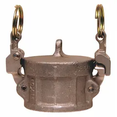 Aluminum dust cap for sealing unused cam-and-groove couplers in fluid handling systems. Features 75 psi max working pressure at 70°F, 3 57/64 in overall length, and nitrile gasket.