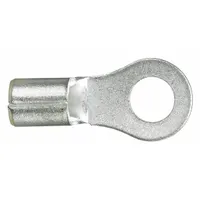 Non-insulated ring terminal for #6 studs, accepting 22 AWG to 16 AWG wire. Serrated barrel provides secure grip. Rated for 2000V. Suitable for terminating wires in electrical panels, control cabinets, and industrial equipment
