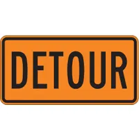 Rigid aluminum detour sign with orange finish and high-intensity prismatic retroreflective sheeting. Nominal size 15 x 30 in, thickness 0.08 in. Complies with M4-8 MUTCD standards. Used for temporary traffic control in construction zones, road work, and event routing