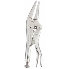 Lever-type locking pliers with a long-nose design for gripping, clamping, and turning small parts in confined spaces. Overall length 4 in, jaw length 1 7/16 in, maximum jaw opening 1 5/8 in.