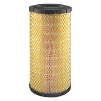 Round cabin air filter with radial seal for New Holland farm equipment. Overall height 13 21/32 inches. Direct replacement for Baldwin Interchange RS5591XP series. Used in agricultural machinery to filter intake air for cabin and engine systems