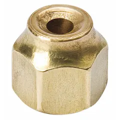 Brass flare nut and bushing for access valves in HVAC and refrigeration systems. Features a 5/8 in Female SAE right-hand thread and is rated for a maximum pressure of 700 psi. Used to connect and seal refrigerant lines, ensuring a leak-tight joint.