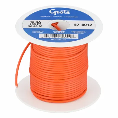 GROTE Primary Automotive Wire: GPT, 100 ft, 1 Conductor, 16 AWG, Orange, 60 V Volt - PVC-Insulated General Purpose Primary Wires