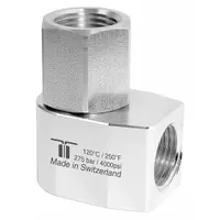 This MOSMATIC rotating joint is a single-passage, nickel-plated C38500 brass elbow with a 1/2 in threaded rotating shaft, rated for a maximum speed of 30 RPM. It is used to transfer fluid or air from a stationary supply to a rotating shaft in industrial machinery such as machining, material handling, and combustion systems