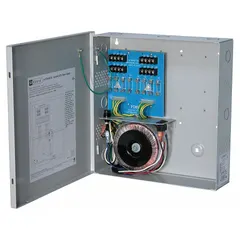 Steel-enclosed power supply board converting 115V AC input to 24V AC at 12.5A. Features eight fused outputs for distributed power in access control, security, and automation systems.