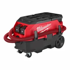This cordless dry/wet dust extractor features a 9-gallon plastic tank and HEPA filtration for capturing fine dust and debris. It includes two 12.0 Ah batteries, a charger, and a bare tool. Suitable for construction and renovation cleanup tasks where cordless operation is needed.