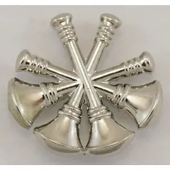 Metallic insignia featuring CF Fire Bugles design. Measures 3/4 inch, silver finish, metal construction. Attaches via clutch pin. Sold as 1 pair. Commonly used on uniform collars or lapels for fire service personnel.