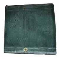 Standard-duty mesh tarp measuring 11.5 ft in length and 9.5 ft in width. Constructed from 5 mil vinyl with a PVC coating, weighing 10 oz/sq yd. Green color. Suitable for covering equipment, materials, or loads in industrial and construction settings, providing weather resistance while allowing airflow