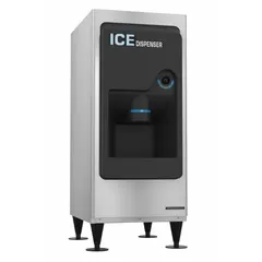 Push button ice dispenser with 130 lb storage capacity. Features antimicrobial protection. Dimensions: 53 in x 22 in x 30 in. Suitable for commercial kitchens, cafeterias, and hospitality settings requiring self-service ice dispensing.