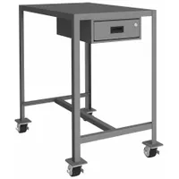 Fixed-height mobile worktable with a 36 x 24 in powder-coated steel top and welded frame. Supports up to 2000 lb overall load. Includes a drawer (19-1/4 in depth, 13-5/16 in width, 4-15/16 in height) and four swivel locking phenolic casters for repositioning. Fully assembled, not expandable or modular. Suitable for assembly, maintenance, and material handling tasks in industrial environments