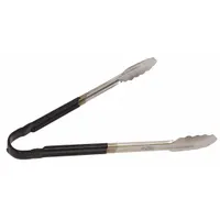 These 12-inch tongs feature a black finish and uncoated scalloped stainless steel blade for secure grip. NSF certified for commercial food service, suitable for handling, turning, and serving hot or cold items