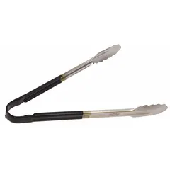 These 12-inch tongs feature a black finish and uncoated scalloped stainless steel blade for secure grip. NSF certified for commercial food service, suitable for handling, turning, and serving hot or cold items.