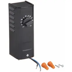 This indoor single-stage control features a steel housing and a bi-metal sensing element. It operates as an SPST close-on-rise switch rated for 120 to 277V AC, with a temperature range of -10° to 100°F and a 2°F differential. Typical applications include cool-only temperature control for ventilation or exhaust fan systems in commercial or industrial spaces.