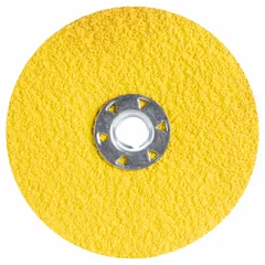 Ceramic fiber disc with 36 grit, designed for cool-cutting on stainless steel and nickel alloys. Features a 5" diameter with TN Quick-Change arbor hole, Speed-Change Fastener connector size, and X-Lock connector type. Suitable for grinding and blending in metal fabrication and maintenance tasks.