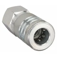 Steel quick-connect air coupling body with 3/8" female NPT hose fitting and 3/8"-18 thread. Sleeve locking type for secure connections in pneumatic systems. Suitable for industrial interchange applications
