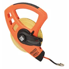 Manual open-reel tape measure with a 200 ft / 60 m fiberglass blade. Double-sided blade features metric (2 mm) and SAE (1/8 in) graduations. Nonmagnetic double hook end. Plastic case. Used for measuring long distances in construction, surveying, and industrial layout.