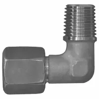 This flareless bite-type stainless steel compression fitting elbow connects 10 mm OD tubing to a 3/8 in male NPT port. It provides a leak-tight, vibration-resistant joint for industrial fluid systems, including hydraulic, pneumatic, and instrumentation applications