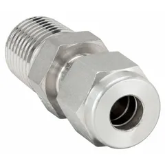 Straight pipe fitting for extreme pressure instrumentation systems. Made from 316 stainless steel with 1/4 in x 1/4 in fitting pipe size. Rated for maximum operating pressure of 7,200 psi. Overall length of 1 1/2 in. Used for straight connections in high-pressure fluid lines.