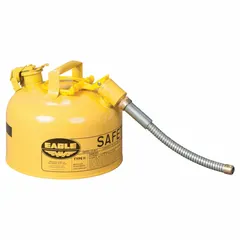 EAGLE Type II Safety Can for diesel fuel storage and dispensing. Yellow can with 2 1/2 gallon capacity includes a 5/8 inch outer diameter hose. Used in industrial settings for fueling equipment and machinery.