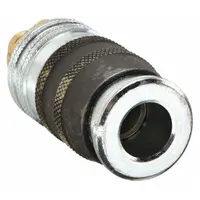 Steel quick-connect coupling body for compressed air systems. 3/8 in body size with 3/8 in male hose fitting. Push-to-connect locking type enables one-hand connection. Used to connect pneumatic tools and hoses in industrial applications