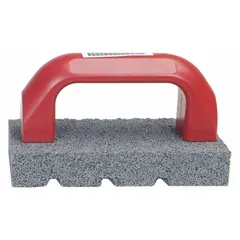This NORTON rubbing brick features a fluted handle for grip and is made of 20-grit silicon carbide abrasive. Measuring 6 inches long, 3 inches wide, and 1 inch thick, it is used for material removal and surface preparation on concrete, stone, and masonry.