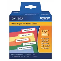 Direct thermal precut label roll, 3 13/32 in x 21/32 in, 300 labels per roll. Compatible with QL-820NWB printer series. Used for asset tracking, cable marking, and inventory identification
