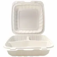 This hinged-lid container is made of mineral-filled polypropylene in an ivory finish. It features three compartments to keep different food items separate. Suitable for single-use carry-out and portioning of meals in food service settings. Sold in a pack of 150