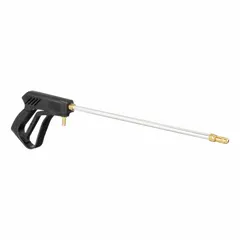 Sprayer wand constructed from aluminum and plastic. Equipped with an adjustable tip nozzle for controlling spray pattern and flow rate. Used for applying liquid solutions such as herbicides, pesticides, and fertilizers in agricultural, horticultural, and landscaping applications.