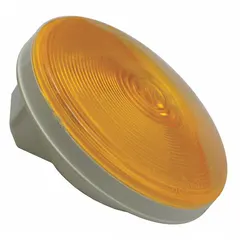 Incandescent turn signal light with amber round lens, 4 5/16 in overall diameter. Features permanent grommet mount and pigtail electrical connection. Complies with FMVSS 108 standards. Used for turn indication on trucks, trailers, and heavy equipment.